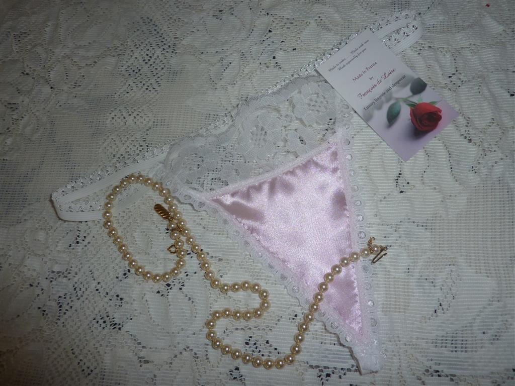 Pink satin and lace G string